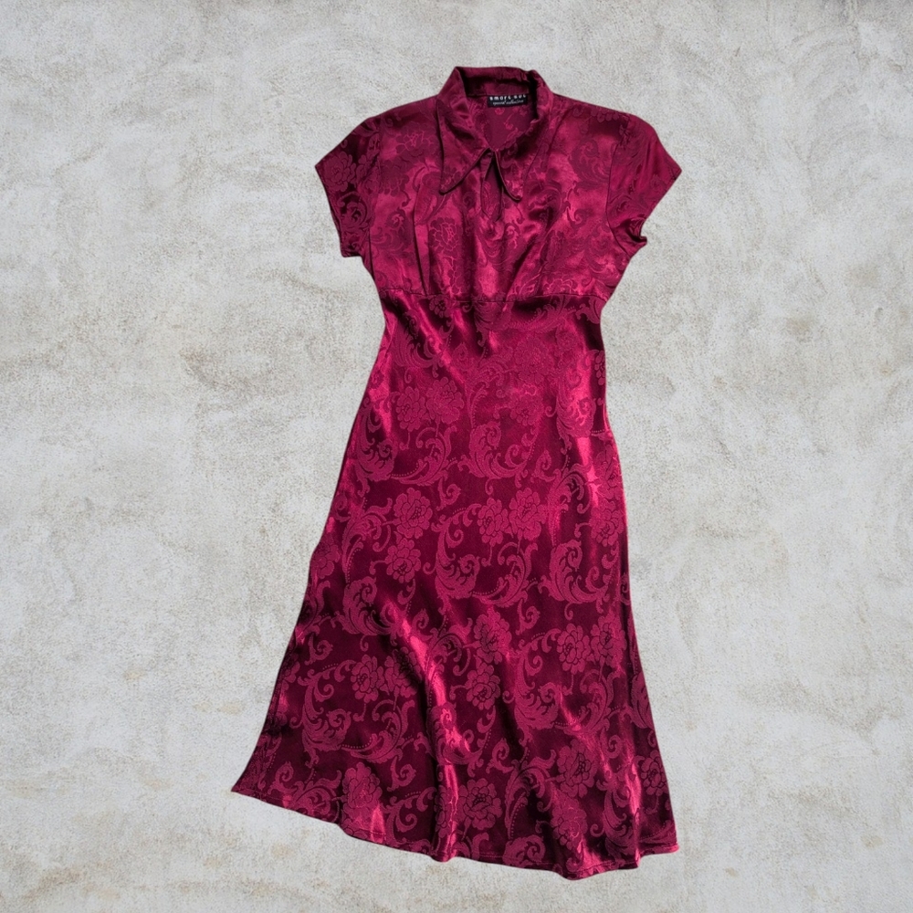 90s Vintage Red Damask Brocade Qipao Style Collared Midi Dress Size 6/7 - Picture 2 of 12